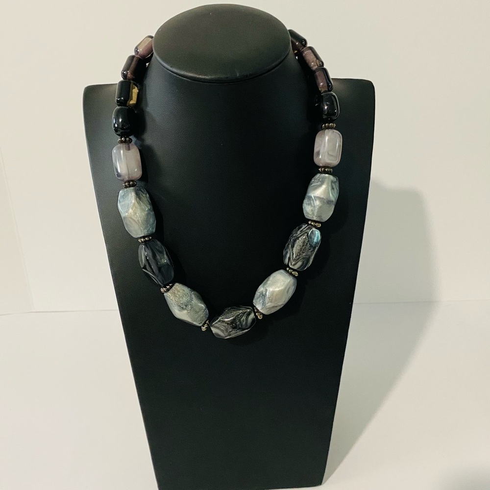 New York Signed Chunky Black & Gray Breaded Necklace.